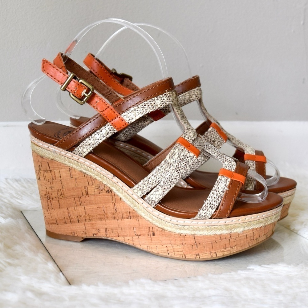LUCKY BRAND Leather & Cork Wedges, Size 7.5
